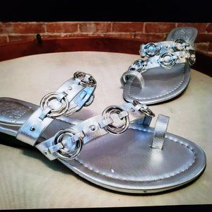 Vince Camuto Silver Leather Isley Toe Loop Demi Wedge Slide Sandal New